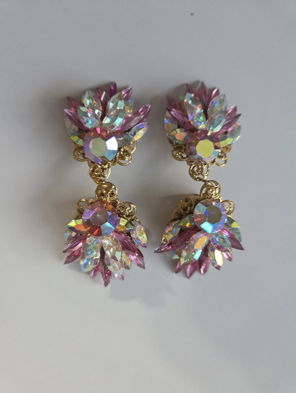 michele sugar oversized 80s 90s pink AB crystal clip earrings dangle spikey